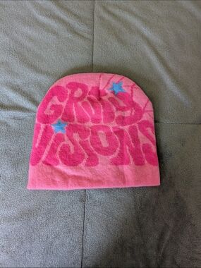 Pink Graphic Beanie Hat with Blue Stars
